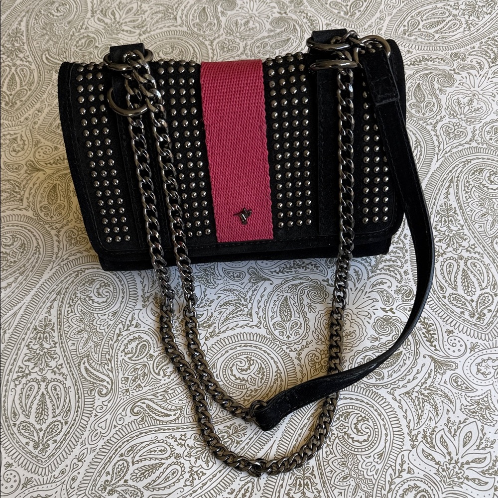 Zara Studded Black Suede and Pink Small Shoulder Bag